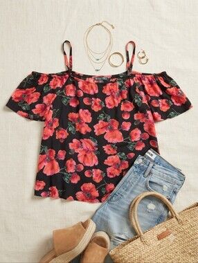 Billabong Black Red Flowers Cold Shoulder Crop Top